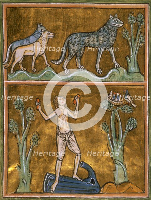 Wolves and semi-naked man, c1230.  Creator: Unknown.