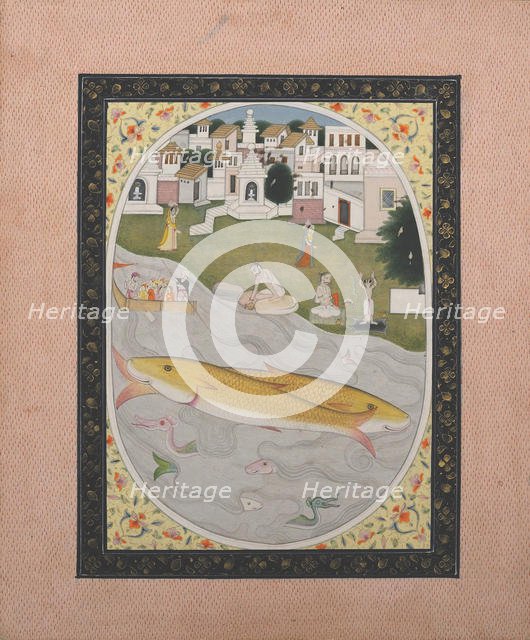 Manuscript Painting with Hindu Tantric Scene Depicting Two Fish, 1800-1820. Creator: Unknown.