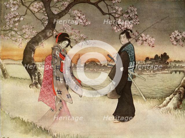 'He was suddenly startled to see a girlish form coming towards him in the wavering shadows, 1919.  Creator: Unknown.