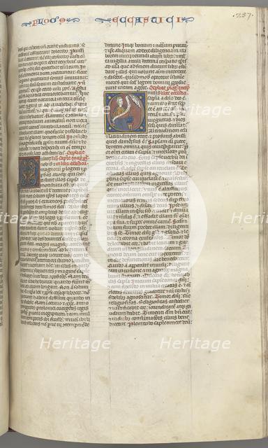 Fol. 257r, Ecclesiasticus, historiated initial O, Sirach seated with a scroll, bust of God above, c. Creator: Unknown.