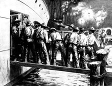 Spanish-American War: U.S. Mobilisation at Tampa: n*groes shipping the wagon train at night, 1898. Creator: Unknown.