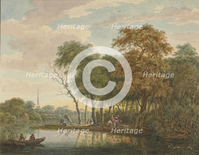 River landscape with two riders, after 1776. Creator: Aert Schouman.