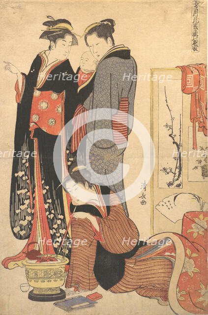 Two Women Standing, Holding a Child, ca. 1785. Creator: Torii Kiyonaga.