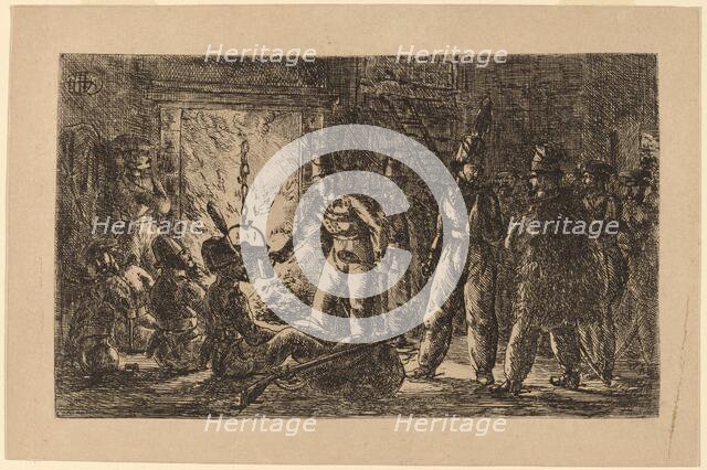 Cossacks before a Fireplace (Les cosaques devant la cheminee de la ferme...) [recto], 1815. Creator: Gerhardus Emaus De Micault.