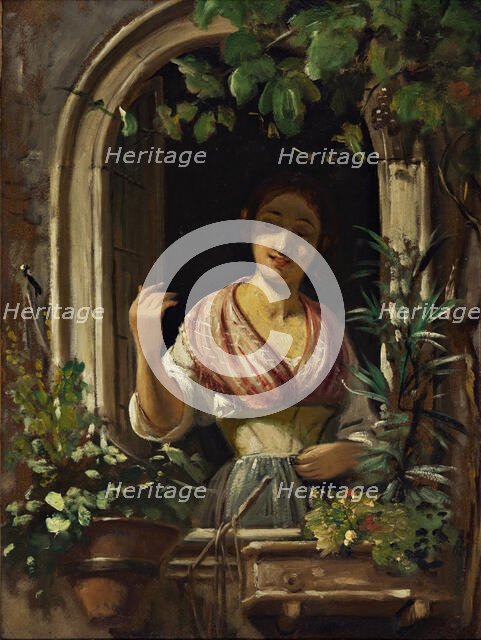 Italian woman waving from a window, end of the 1850s. Creator: Wilhelm Marstrand.