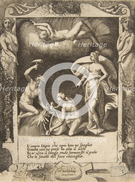 Litigium removed from the body of Chaos while his mother is thrown into the air, set wi..., 1531-76. Creator: Giulio Bonasone.