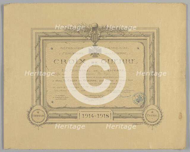 Certificate for French Croix de Guerre medal issued to Cpl. Lawrence L. McVey, March 2, 1928. Creator: Unknown.