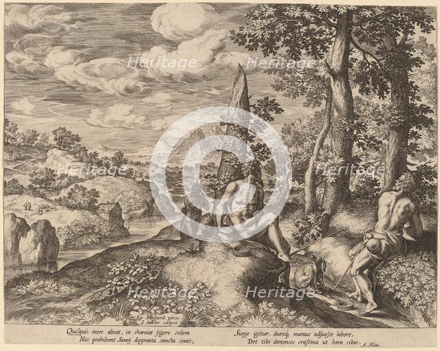 Landscape with Three Nude Men and a Dog. Creator: Johann Sadeler I.