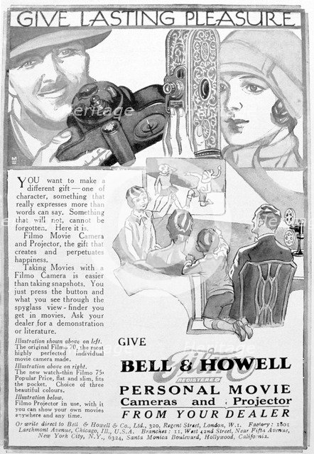 Advert for Bell & Howell personal movie cameras and projectors, 1920s. Artist: Unknown