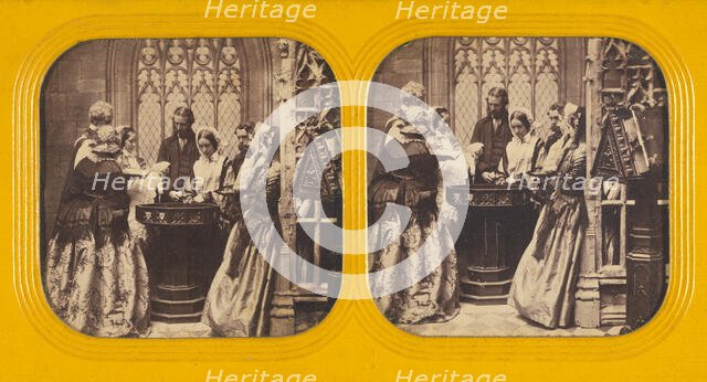 People in a church watching a baby's Baptism, 1860s. Creator: Charles Gaudin.