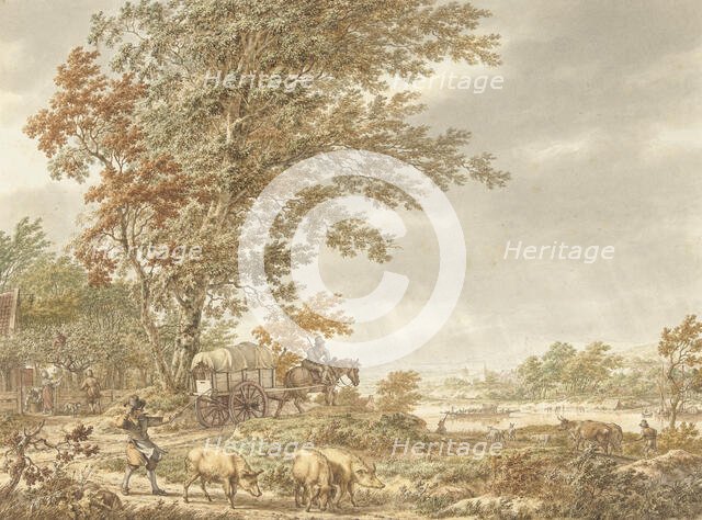 Hilly landscape with swineherd, a river in the distance, 1791. Creator: Jacob Cats.