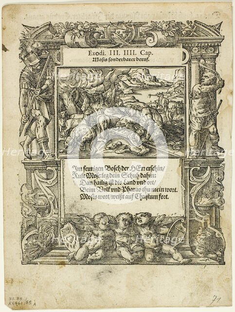 Moses and the Burning Bush (recto) and The Infant Moses Put into the River (verso)...1937. Creators: Tobias Stimmer, Max Geisberg.