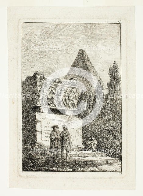 Landscape with Pyramid and Sarcophagus, plate six from Les Soirées de Rome, 1763/64. Creator: Hubert Robert.