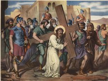 Via Crucis. Fifth station. Simon of Cyrene helps Jesus to carry the cross. Drawing by Pascual. Ba…