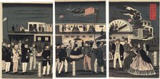 Arrival and Departure of an American Steamship (Amerikakoku jokisha orai), 1861. Creator: Yoshikazu.