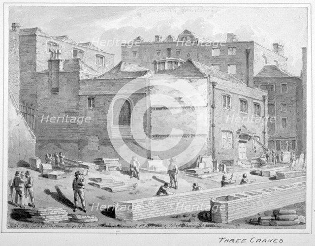 Footing for Southwark Bridge by the Union Warehouse, Upper Thames Street, City of London, 1818.      Artist: Robert Blemmell Schnebbelie