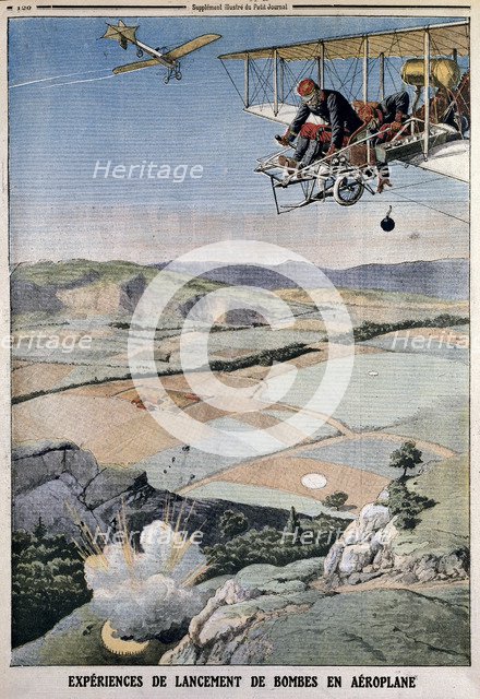 Members of the French air corps on bomb practice at Chalons, 1912. Artist: Unknown