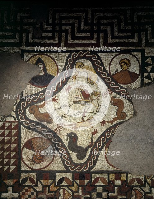 Detail of the mosaic floor in the audience chamber, Lullingstone Roman Villa, Eynsford, Kent, 1991. Artist: J Bailey