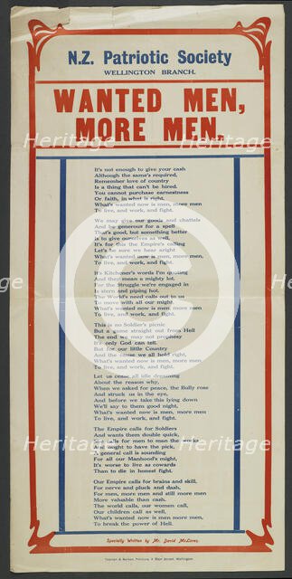 Poster, 'N.Z. Patriotic Society',  1915-1916. Creator: Yeoman & Barker.