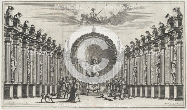 Figures worshipping the statue of an armed figure; set design from 'Il Pomo D'Oro', 1668. Creator: Mathäus Küsel.