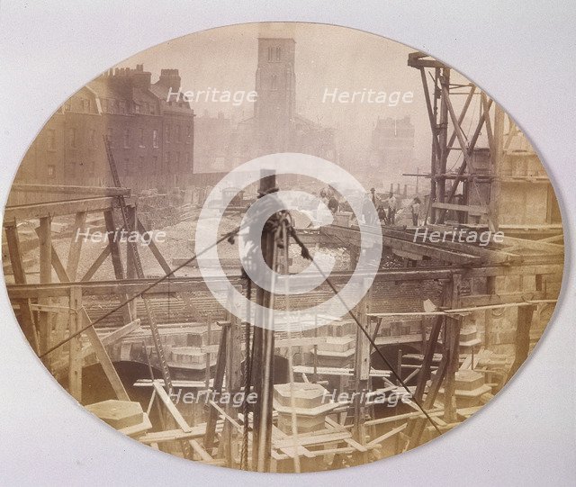 Holborn Viaduct being constructed across Farringdon Street, Holborn, London, 1869. Artist: Henry Dixon