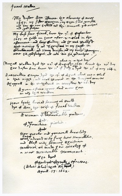 Notes made by Izaak Walton, c1662.Artist: Izaak Walton