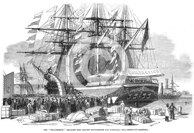 Caroline Chisholm addressing a crowd from the emigrant ship 'Ballengeich', 1852. Artist: Unknown