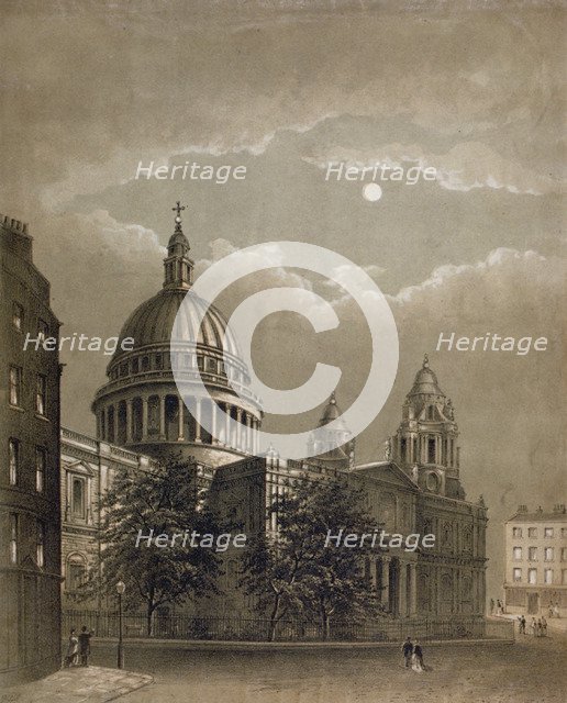 North-east view of St Paul's Cathedral by moonlight, City of London, 1850. Artist: Anon