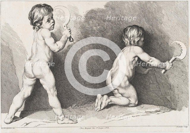 Two nude children standing; from New Book of Children, 1720-60. Creator: Pierre Alexandre Aveline.
