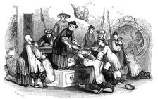 'Giving out corn to the people, during a season of scarcity, 1847'. Artist: Evans