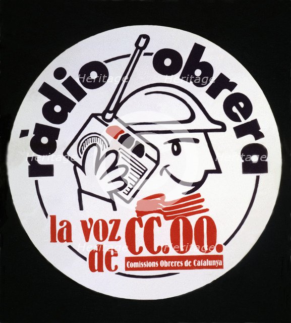 First democratic elections in 1977, advertising adhesive of the trade union CCOO of Catalonia.