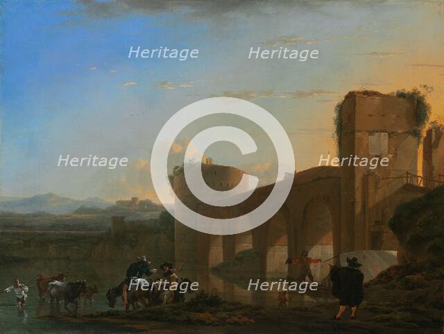 The Tiber River with the Ponte Molle at Sunset, c. 1650. Creator: Jan Asselijin.