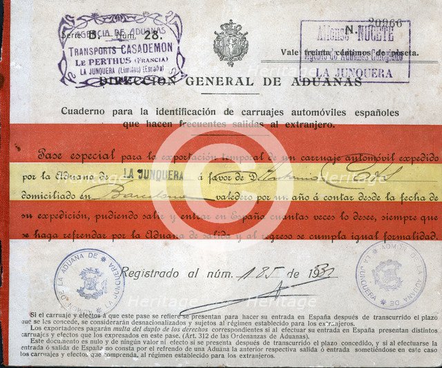 Special pass for the temporary export of a car to cross the border at La Junquera, 1931.