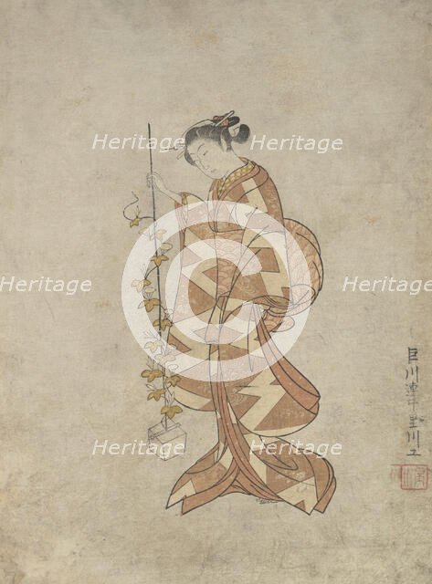 Modern Representation of the Poetess Kaga no Chiyo, ca. 1765., ca. 1765. Creator: Suzuki Harunobu.