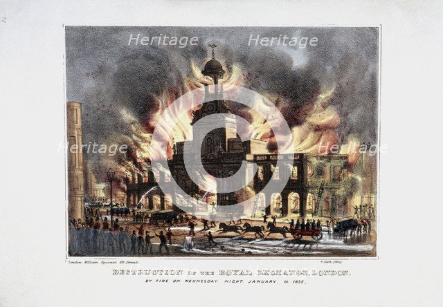 'Destruction of the Royal Exchange' (2nd) fire, London, 1838. Artist: W Clerk