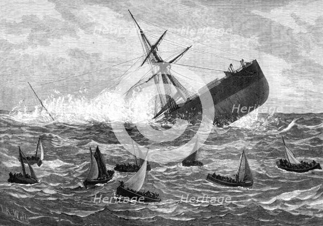 Foundering of the Union Company's mail steam-ship American: the boats leaving the ship, 1880. Creator: Josiah Robert Wells.