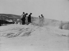 A group of tourists explore a geyser in the Upper Geyser Basin in Yellowstone National Park, 1903. Creator: Frances Benjamin Johnston.