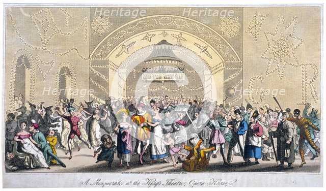 Interior view of a masquerade at the King's Theatre, Haymarket, London, 1821.                        Artist: Anon