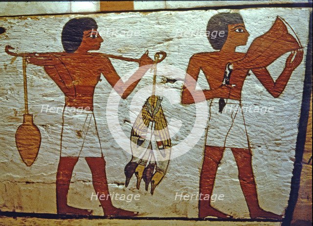 Sarcophagus of Lady Madja in polychromed wood, with scenes of offerings from the field, in the ne…