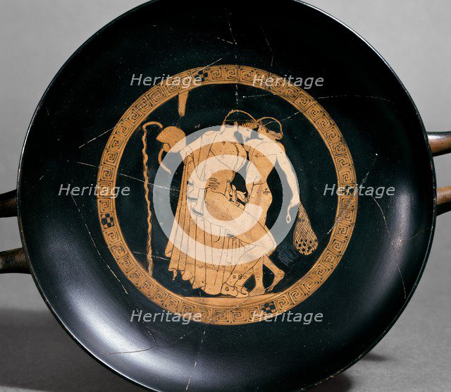 Attic red-figure cup showing a seated man with a naked boy, 470BC. Artist: Brygos Painter.