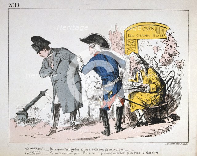 Caricature of Napoleon I watching the fall of the Colonne de Vendome, Paris Commune, 1871.  Artist: Anon