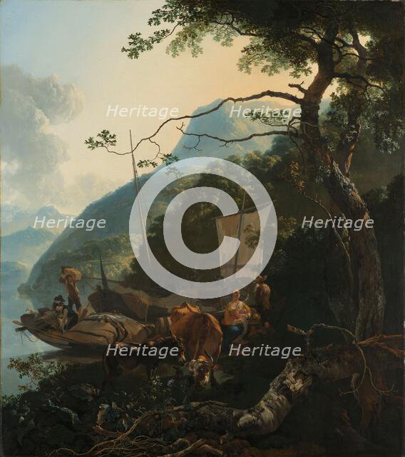 Boatmen Moored on the Shore of an Italian Lake, 1650-1670. Creator: Adam Pynacker.