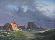 A Shetland fishing boat in stormy weather north of the Orkneys, 1842. Creator: Anton Melbye.