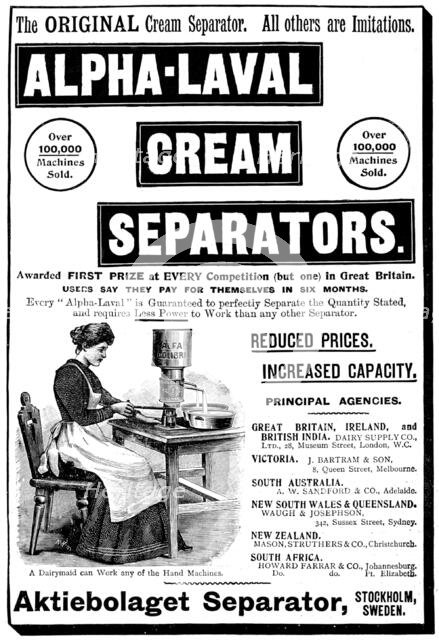 Advertisement for Alpha-Laval Cream Separators, 1898. Creator: Unknown.