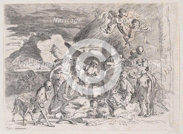 The adoration of the shepherds who gather at left, angels holding a banderole upper r..., 1700-1800. Creator: Anon.