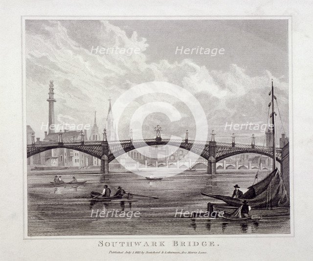 View of Southwark Bridge with boats on the Thames, 1819. Artist: Anon