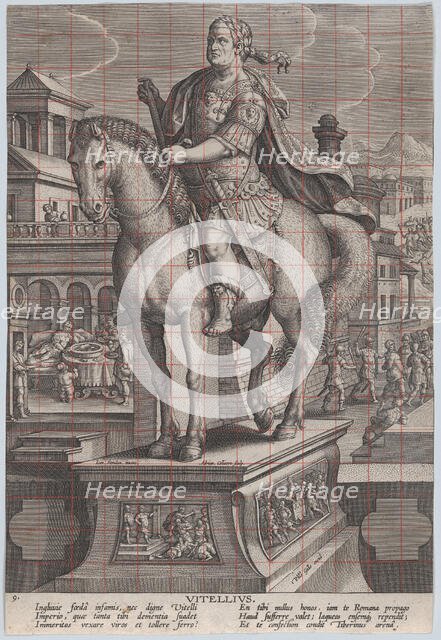 Plate 9: equestrian statue of Vitellius, seen three-quarters to the left, with his ..., ca. 1587-89. Creator: Adriaen Collaert.