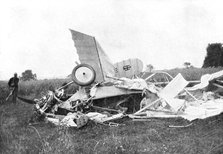 Wreckage of aeroplane in which British pilot Flight-Lieutenant Warneford was killed, 1915. Artist: Unknown