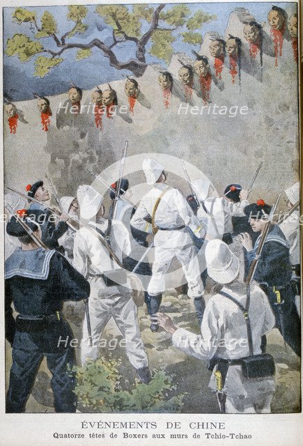 Fourteen heads of Boxers on the walls of Tchio-Tchao, China, 1900. Artist: Oswaldo Tofani