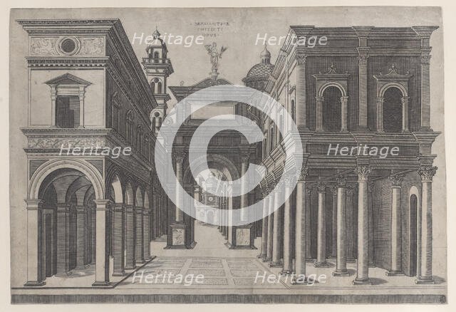 A street with various buildings, colonnades and an arch, 1475-1510. Creator: Donato Bramante.